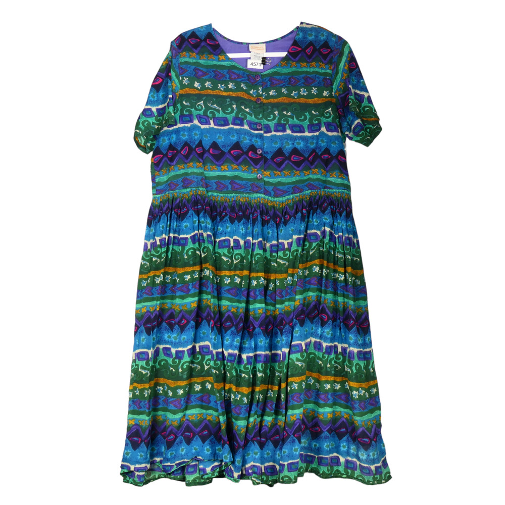 Roamans Dress Womens Large Blue Green 100% Cotton Sheath Lightweight Semi Sheer